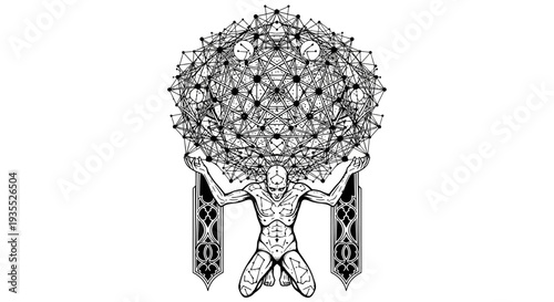 Man holding geometric cosmic sphere, esoteric symbol, occult, alchemy, astrology