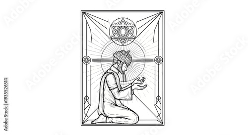 Mystical Man Praying Kneeling with Sacred Geometry Symbols and Cosmic Rays