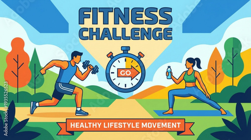 Man and woman exercising outdoors in a fitness challenge for a healthy lifestyle movement with dumbbells and yoga
