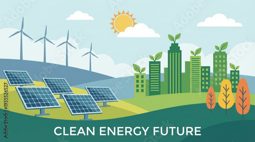 Sustainable cityscape with solar panels wind turbines and green buildings under a sunny sky with clouds representing a clean energy future