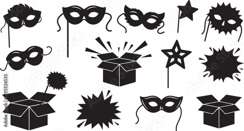 Black Silhouette Masks and Party Popper Icons Set Isolated