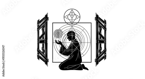 Spiritual Awakening: Figure holding glowing orb, sacred geometry, open gates