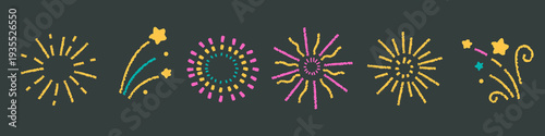 Colorful crayon  fireworks set on dark background.  Hand drawn bright festive elements in crayon style for celebration, holiday, party design and greeting cards.  
