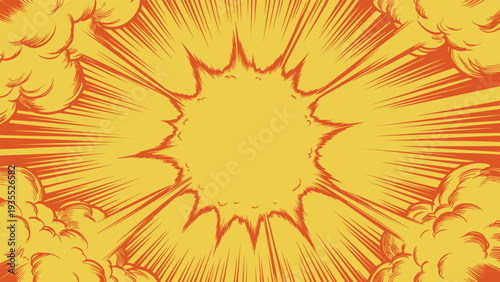 Explosive orange-yellow comic burst background with vibrant speed lines and central space, perfect for graphics and dynamic designs.