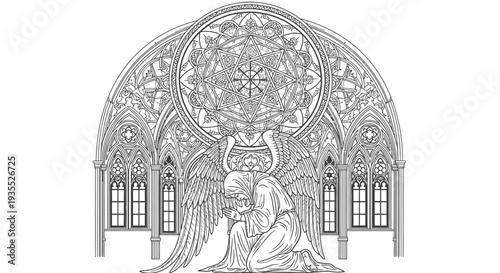 Angel Praying in Gothic Cathedral with Stained Glass Window