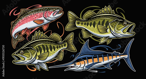 Detailed Illustrations of Game Fish: Rainbow Trout, Largemouth Bass, Smallmouth Bass, and Marlin, Aquatic Life on Black Background
