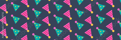 Seamless pattern with party hats in playful crayon style. Fun celebration background for birthday cards, invitations, kids textile and holiday design.