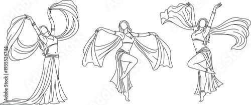 Belly dancer line art vector illustration of beautiful women in traditional costumes performing ethnic dance with veils for creative projects.