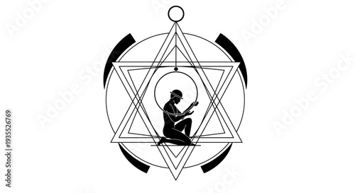 Mystical Geometric Symbol with Kneeling Figure Praying