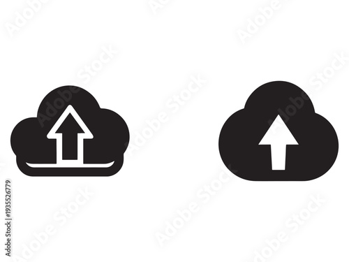 Cloud icons with white upload arrows on black clouds for data transfer and storage concepts  cloud computing symbols