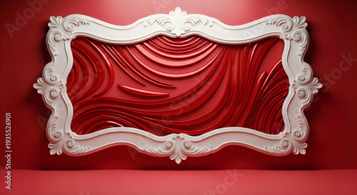 Elegant white ornate frame on red wall with wavy design