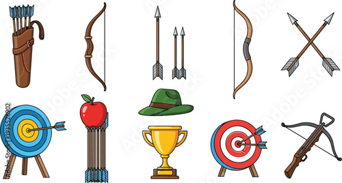 Archery and Target Icons Set, Featuring Bows, Arrows, Quivers, Targets, Trophy, and Hat for Sports and Competitions