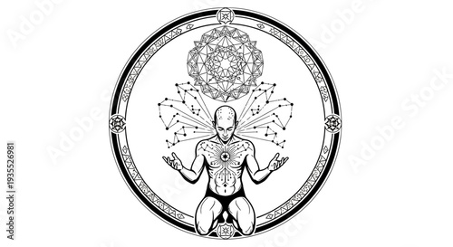 Meditating Man in Sacred Geometry Circle, Spiritual Enlightenment, Yin Yang Symbol