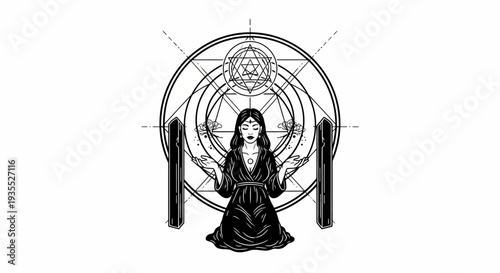 Mystical Woman and Sacred Geometry Circle Symbol, Esoteric Ritual
