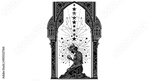Mystical Archway with Praying Figure and Celestial Stars