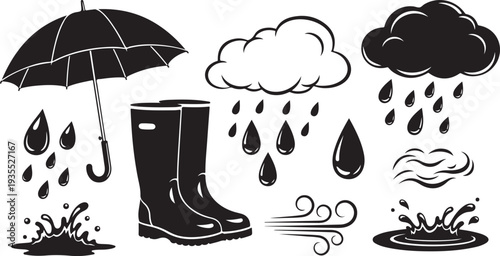 Rainy Day Essentials with Umbrella and Rubber Boots Illustration