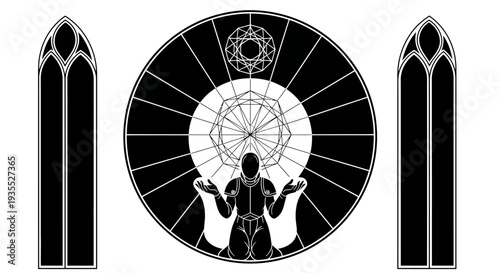 Mystical Figure Kneeling Under Geometric Mandala and Gothic Windows