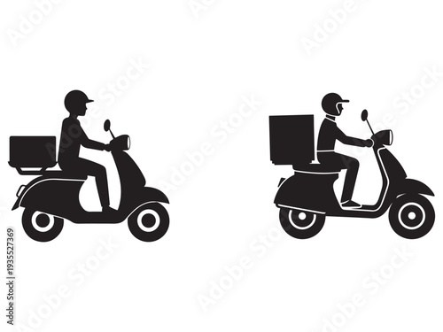 Delivery riders on scooters with boxes on back  two black silhouettes riding side by side on white background