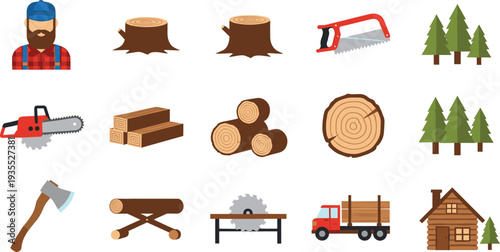 Woodworking and Lumberjack Icon Set, Featuring Chainsaw, Axe, Sawmill, Trees, and Logging Tools for Outdoor Activities