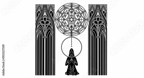Mystic Geometric Mandala, Ornate Gothic Windows, Meditating Figure, Spiritual Symbolism