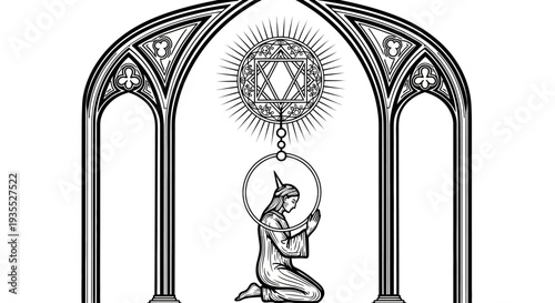 Mystical Figure Kneeling Under Gothic Arch with Sacred Geometry Symbol