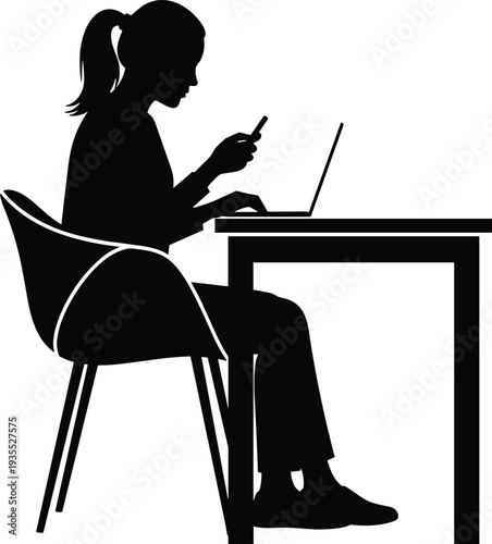 Black silhouette of a young woman sitting at a desk using a laptop and smartphone for remote work and digital communication.