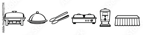 Collection of catering and buffet service equipment icons in black and white outline style