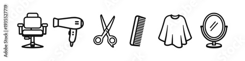 Collection of simple line art icons representing hair salon equipment and tools