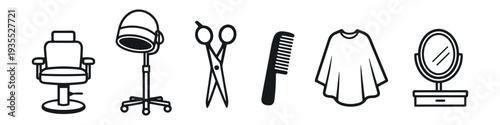 Collection of essential hair salon equipment and tools for styling and cutting hair