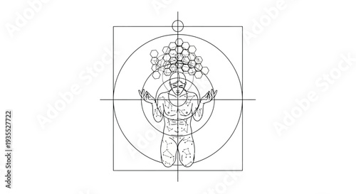Vitruvian Man Inspired Figure with Molecular Structure Head
