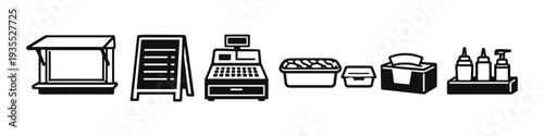 Collection of food service icons including a stand, menu board, cash register, containers, and condiments