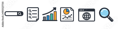 Collection of icons representing search, data analysis, and web browsing for digital marketing
