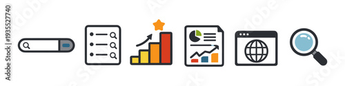 Set of icons representing search engine optimization and digital marketing strategies