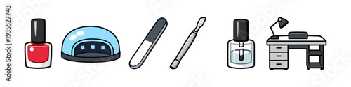 Nail salon essentials including polish, UV lamp, file, cuticle pusher, base coat, and desk
