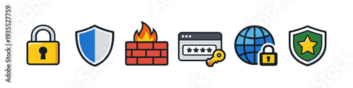 Collection of security and protection icons including padlock, shield, firewall, and globe