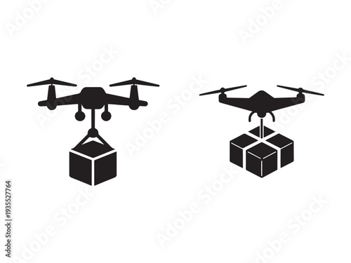 Drones carrying boxes and packages for delivery and transportation services using unmanned aerial vehicles for logistics and supply chain management