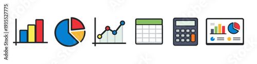 Collection of colorful flat icons representing financial data analysis and business metrics