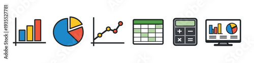 Collection of colorful flat icons representing financial data analysis and business metrics