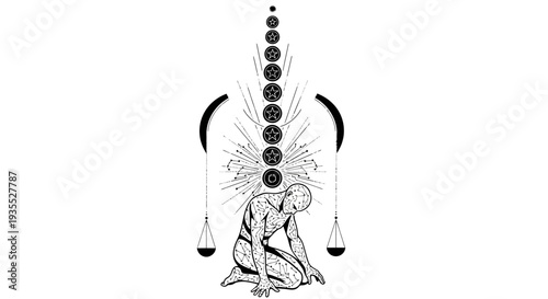 Spiritual Growth Symbol: Man Ascending Through Chakras and Cosmic Energy
