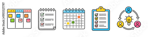Set of icons representing project management, planning, and teamwork concepts
