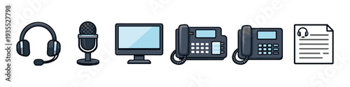 Collection of communication and office equipment icons including headset, microphone, monitor, and phones