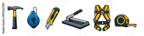 Collection of construction and DIY tools including hammer, chalk line, utility knife, and tape measure