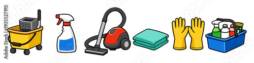 Collection of cartoon cleaning supplies and equipment for household chores
