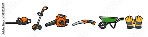 Collection of cartoon garden tools including hedge trimmer, blower, saw, wheelbarrow, and gloves