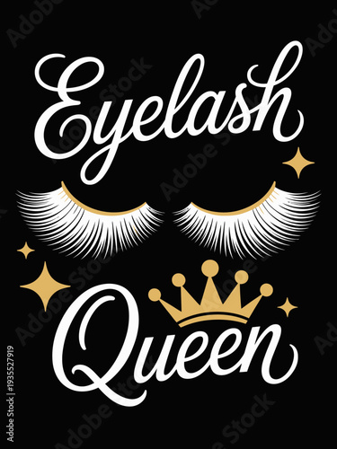 Stylized text 'Eyelash Queen' accompanied by two golden eyelashes and a crown.