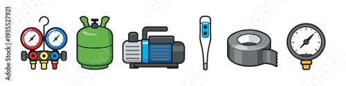 Collection of HVAC tools and equipment for air conditioning repair and maintenance
