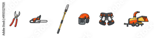 Collection of cartoon-style arboriculture and landscaping tools and safety equipment