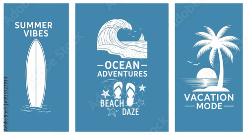 Set of Three Minimalist Summer Beach Themed Graphic Posters on Blue Background