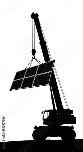 Crane lifting solar panel installation, concept of green energy. The image showcases the process of installing solar panels, emphasizing sustainability and renewable resources