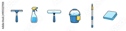 Collection of cartoon cleaning tools for washing windows and surfaces